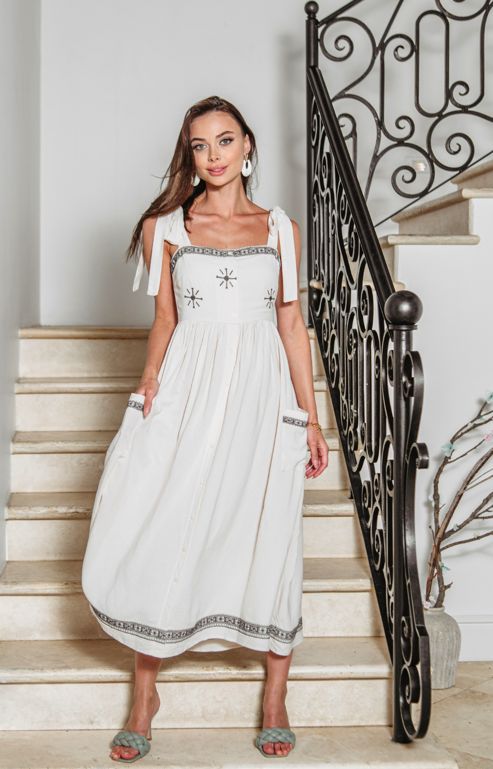 Lia Linen Embroidered Long Dress